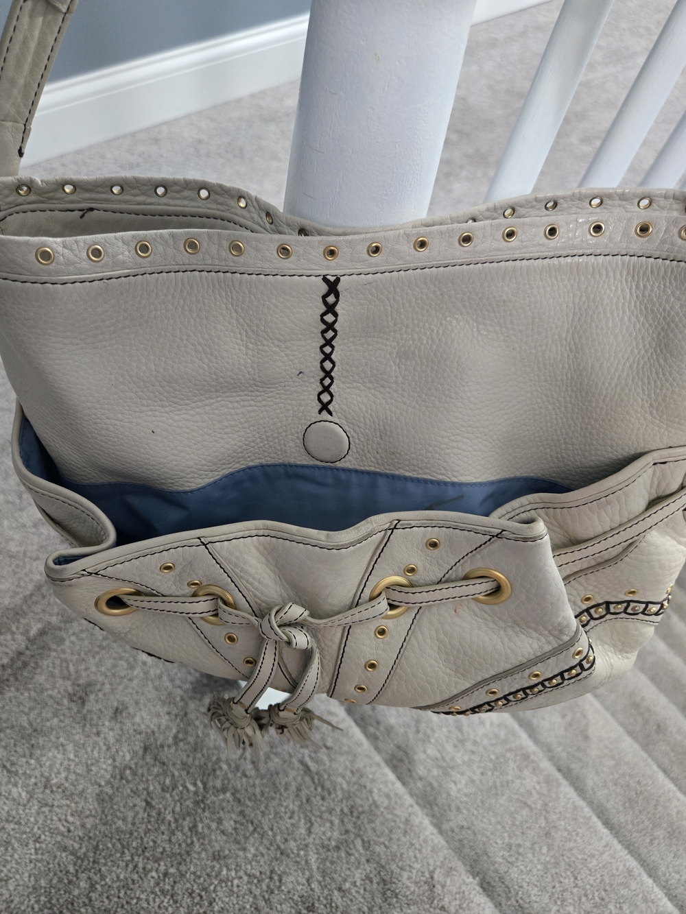 Cole Haan Cream Leather Drawstring Shoulder Bag with Gold Hardware